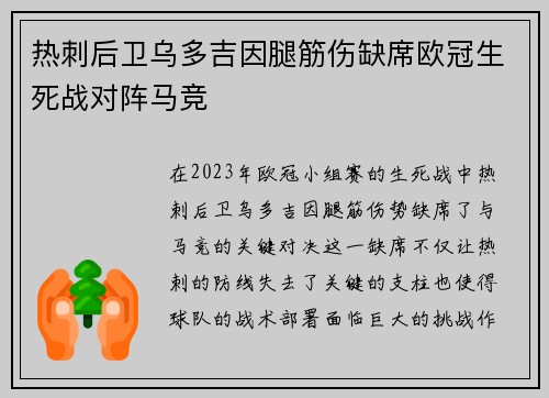 热刺后卫乌多吉因腿筋伤缺席欧冠生死战对阵马竞